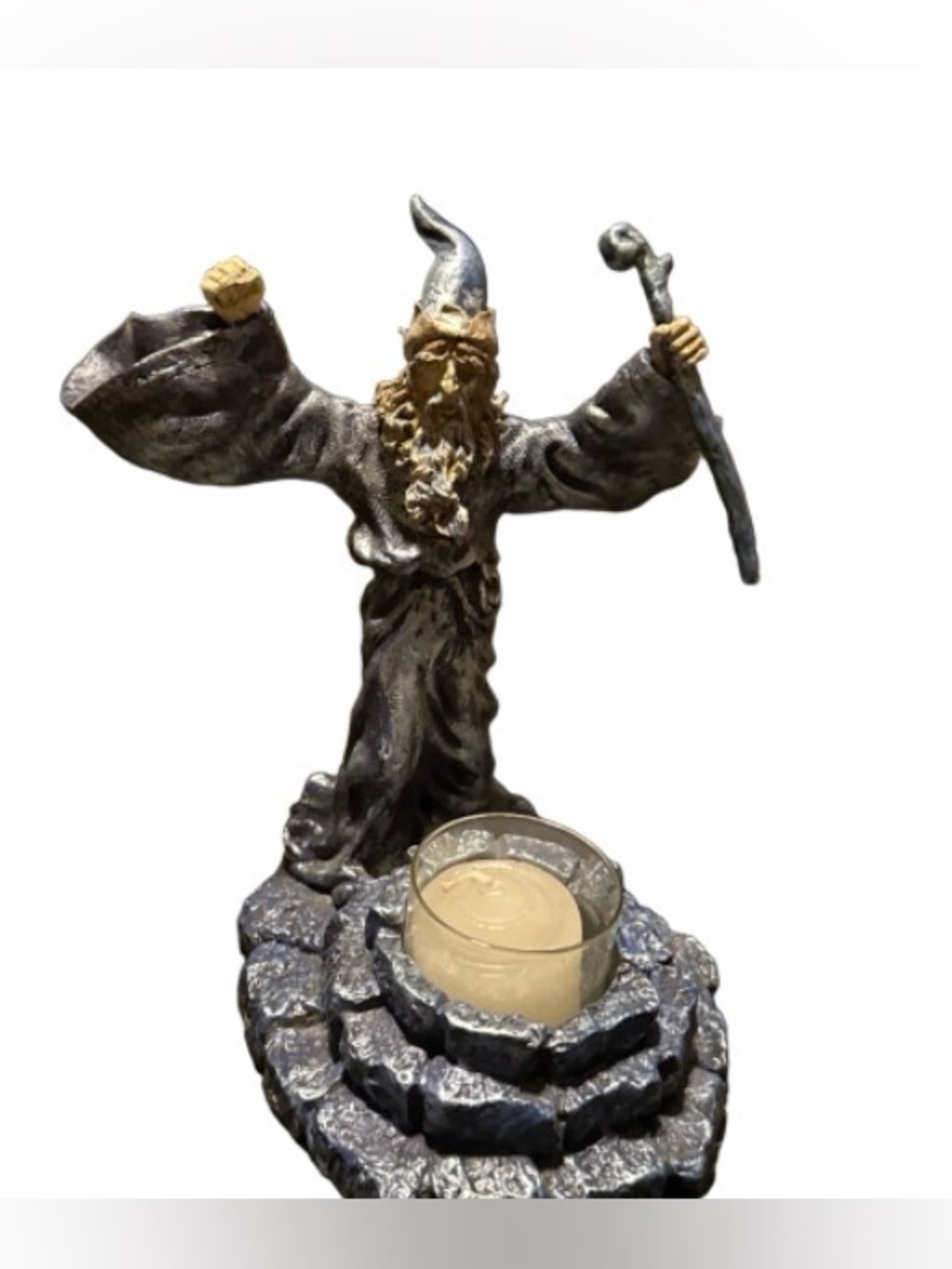 Wizard Tealight Candle Holder — Metallic Gray and Gold Home Art